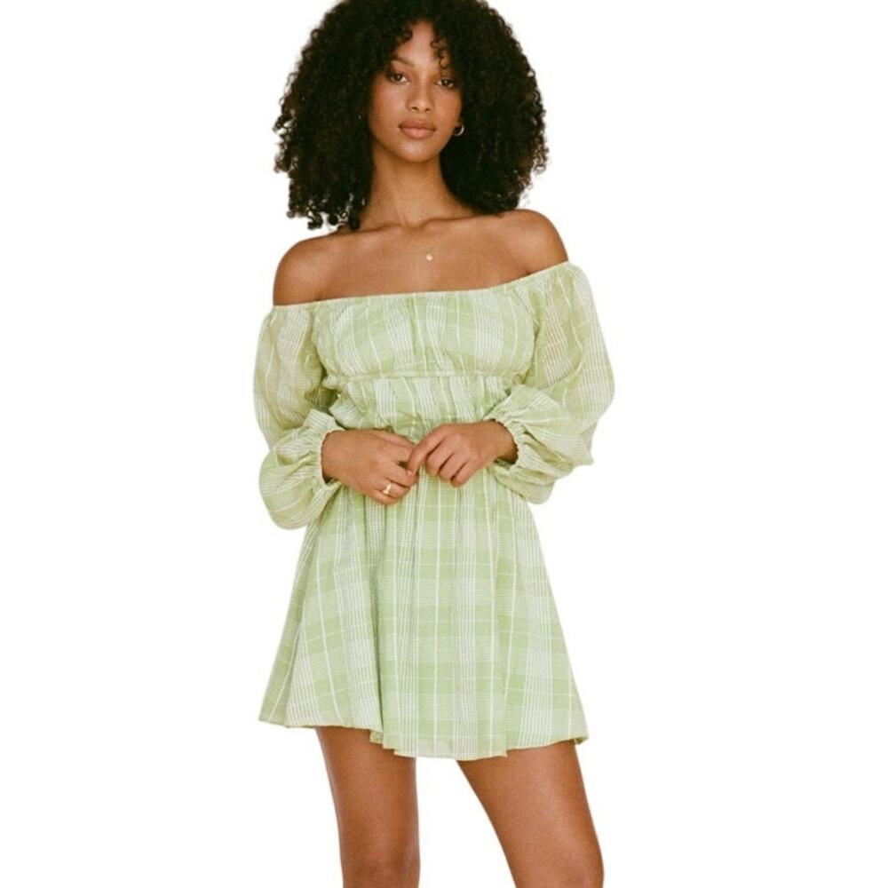 SABO Women's Leto Off Shoulder Dress Green Plaid Size 4 Long Sleeve Checkered